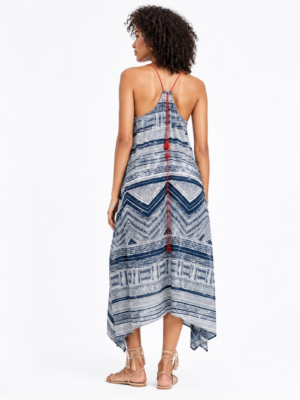 Akemi + Kin Anthropologie Riviera Halter Dress Small Boho Tassel Midi asymmetric - Picture 2 of 15